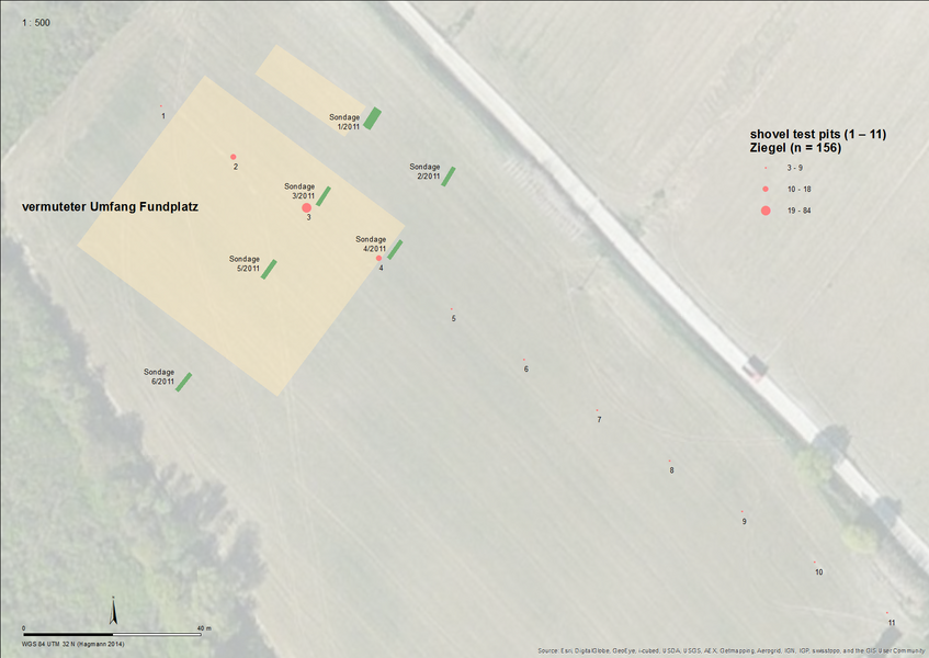 Abb. 7: Sondagen 1 - 6/2011, shovel test pits 1 - 11/2013 und vermutete Ausdehnung des Fundplatzes (D. Hagmann | Esri 2014)